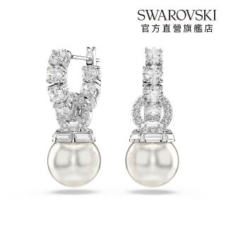 【SWAROVSKI 官方直營】Matrix 水滴形耳環 水晶珍珠 圓形切割 白色 鍍白金色