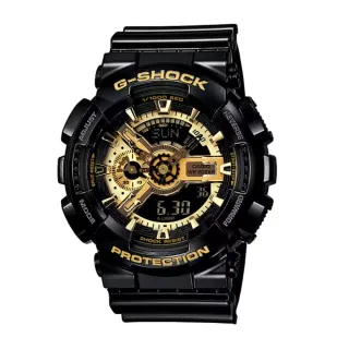 【CASIO 卡西歐】經典黑金重機雙顯電子錶(黑/金 GA-110GB-1A)