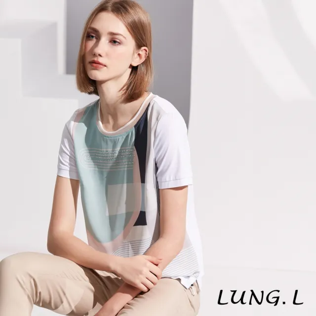 【LUNG.L 林佳樺】LR59A 白色前片幾何印花燙鑽短袖女裝上衣(春夏新品)
