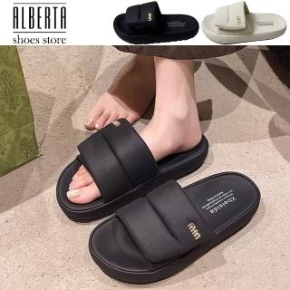 【Alberta】舒適軟底踩屎感 跟高3cm 厚底鬆糕魔鬼氈一字寬帶沙灘涼鞋 涼拖鞋 2色