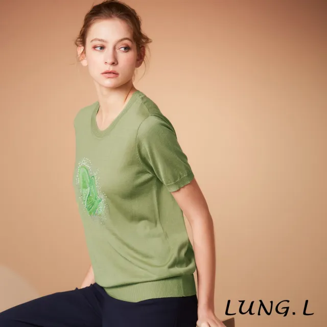 【LUNG.L 林佳樺】L850A 綠色前貼布繡燙鑽短袖女裝針織衫(春夏新品)