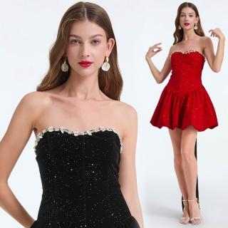 【Very Buy 非常勸敗】預購/法式小眾鑲鑽燙金大蝴蝶結飄帶抹胸禮服花苞魚骨連衣裙