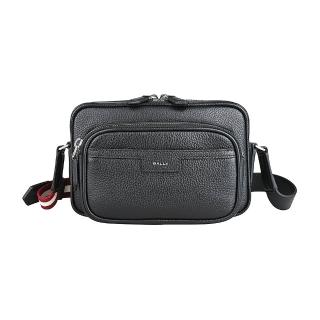 【BALLY】BALLY Code金屬壓印LOGO設計荔枝紋皮革混搭雙色背帶拉鍊式斜背包(黑)