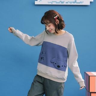 【Dailo】動物口袋鬆餅格拼接內刷毛棉長袖上衣(黑 白 灰)