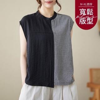 【JILLI-KO】復古休閒格紋拼色亞麻無袖襯衫-F(黑)