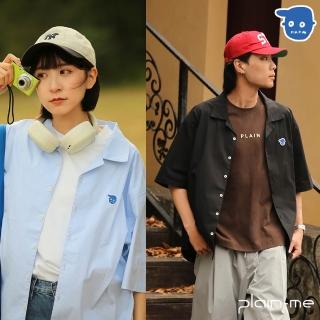 【plain-me】男女款 小P社長開領短袖襯衫 PLN3348-242(淺灰 白 短襯衫 短袖上衣 休閒 休閒上衣)