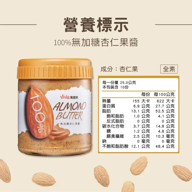 【萬歲牌】100%無加糖杏仁果醬2罐組(250gx2罐)
