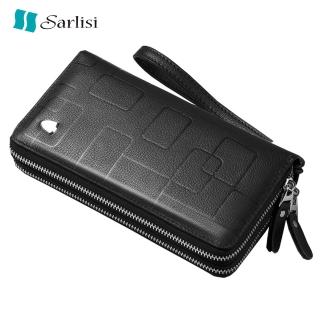 【Sarlisi】Sarlisi 2025真皮男士長款手拿包雙拉鍊皮夾時尚商務幾何長夾牛皮雙拉零錢手機包(牛皮長款皮夾)