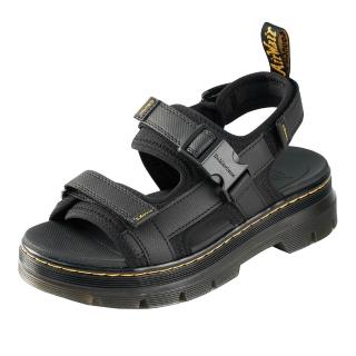 【Dr.Martens】馬汀 FORSTER 側邊T字皮革寬織帶厚底運動涼鞋 黑 夏季真皮馬丁休閒鞋 男女26471001