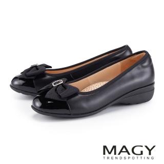【MAGY】氣質織帶蝴蝶結真皮低跟鞋(黑色)