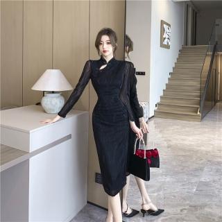 【Very Buy 非常勸敗】預購/年性感辣妹新中式鏤空網紗閃銀褶皺顯瘦開叉長款旗袍裙