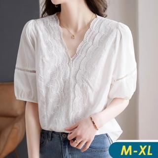 【CHACO】/預購/女夏 法式V領白色蕾絲刺繡花泡泡半袖襯杉上衣#1528(襯衫 白色 上衣 女 夏)