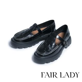 【FAIR LADY】小時光 文藝編織T字帶厚底樂福鞋(霧黑、5B2964)