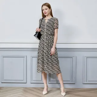 【MYVEGA 麥雪爾】MA金蔥幾何印花造型珍珠釦雪紡長洋裝-黑(素色洋裝/)