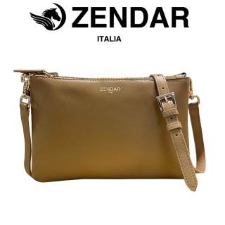 【ZENDAR】限量1折 頂級小牛皮雙層肩揹包側揹包 米凱拉系列 全新專櫃展示品(琥珀/咖啡色)