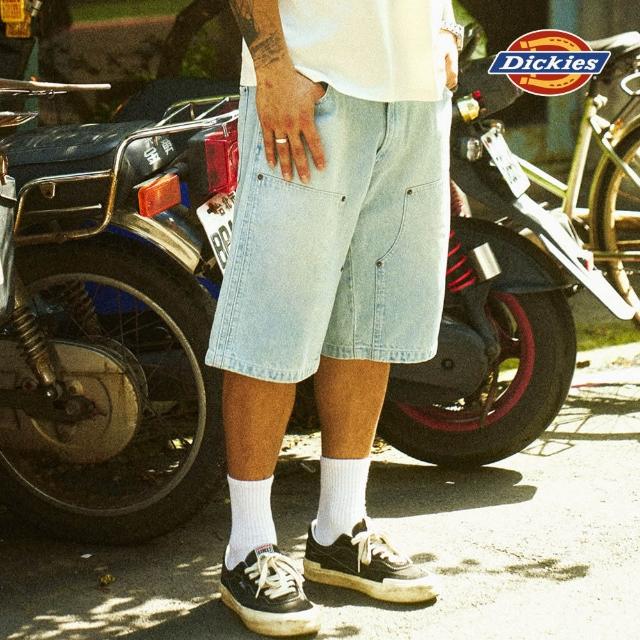 【Dickies】男款復古藍純棉後腰皮質Logo設計寬鬆牛仔短褲｜DK0A87SNC15