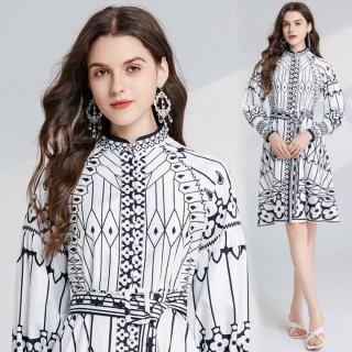 【Very Buy 非常勸敗】預購/歐美複古風黑白印花立領連衣裙系帶燈籠袖大擺A字裙