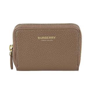 【BURBERRY 巴寶莉】BURBERRY金字LOGO小牛皮4卡拉鍊卡片零錢包(土棕)