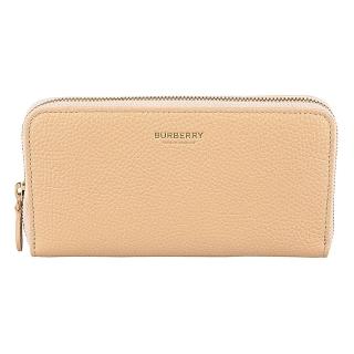 【BURBERRY 巴寶莉】BURBERRY英文燙金LOGO小牛皮12卡ㄇ字型拉鍊長夾(淺杏仁米)