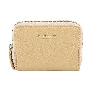 【BURBERRY 巴寶莉】BURBERRY印金字LOGO小牛皮4卡拉鍊零錢卡包(淺杏仁米)