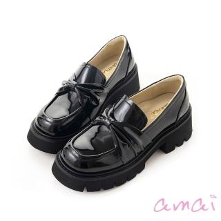 【amai】甜美英倫風蝴蝶結漆皮厚底樂福鞋 懶人鞋 休閒鞋 樂福鞋 厚底鞋 百搭 時尚 大尺碼 LF14-99BK(黑色)