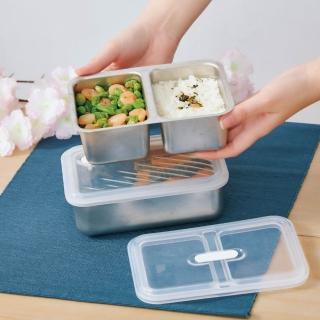 【LiFE RiCH】Double Box 可微波不鏽鋼分隔保鮮盒M號-900ml(冰晶透)