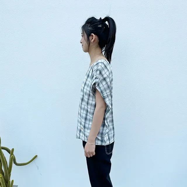 【Hana Mokuba】花木馬日系女裝圓領格紋微縮口連袖上衣(上衣)