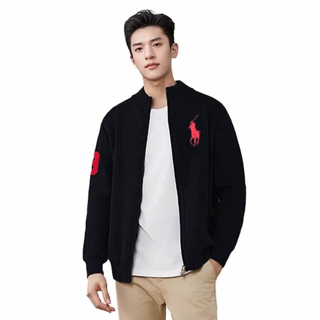 【RALPH LAUREN】RL POLO 經典立領刺繡大馬羊毛外套-黑色(羊毛質料/秋冬舒適/平輸品)