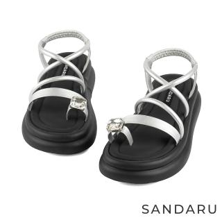 【SANDARU 山打努】涼鞋 套指鑽飾交叉厚底鞋(銀)