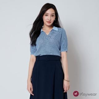 【KeyWear 奇威名品】POLO領斜條紋針織上衣