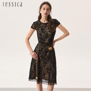 【JESSICA】高雅收腰顯瘦透膚蕾絲短袖洋裝253721