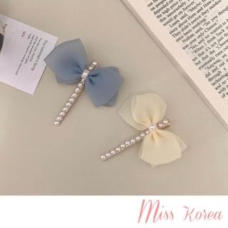【MISS KOREA】蝴蝶結一字夾 珍珠一字夾/韓國設計浪漫仙氣雪紡蝴蝶結珍珠一字夾 邊夾 鴨嘴夾(2色任選)