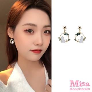 【MISA】韓國設計S925銀針可愛貓咪清新樹葉星星耳環(S925銀針耳環 貓咪耳環 星星耳環)