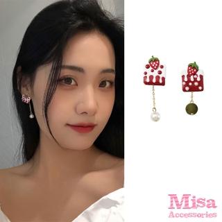 【MISA】韓國設計S925銀針不對稱可愛草莓牛奶造型耳環(S925銀針耳環 草莓牛奶耳環)