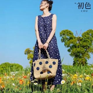 【初色】透氣亞麻時尚印花圓領無袖背心裙連衣裙連身洋裝長洋裝-藍色-12598(M-2XL可選)
