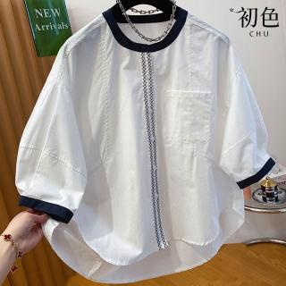 【初色】通勤寬鬆拼接撞色胸口袋單排釦圓領五分袖娃娃衫襯衫上衣女上衣-白色-12585(M-2XL可選)