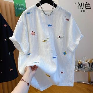 【初色】棉麻風純色圓領海洋元素刺繡寬鬆短袖T恤上衣女上衣-共2色-12575(L-2XL可選)