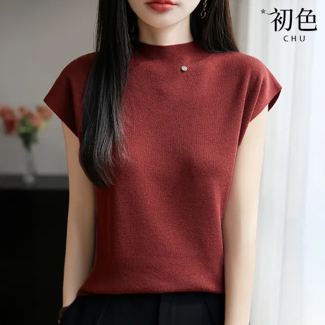 【初色】純色簡約修身顯瘦半高領短袖T恤針織衫上衣女上衣-共6色-12414(M-3XL可選)