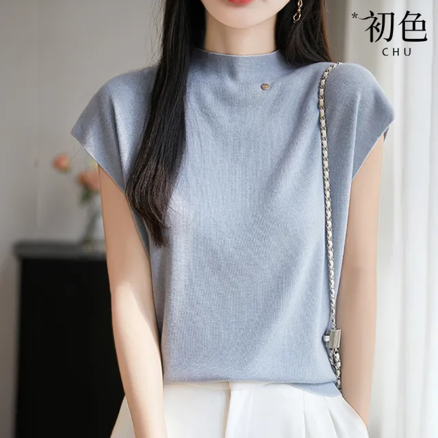 【初色】純色簡約修身顯瘦半高領短袖T恤針織衫上衣女上衣-共6色-12414(M-3XL可選)
