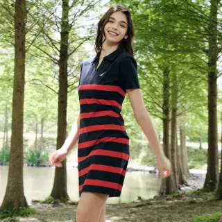 【NAUTICA】官方旗艦 女裝 質感粗條紋V領洋裝(藍色)