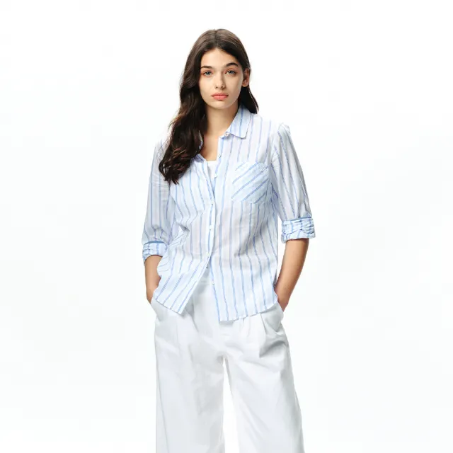【NAUTICA】官方旗艦 女裝 知性細條紋長袖襯衫(藍白色)