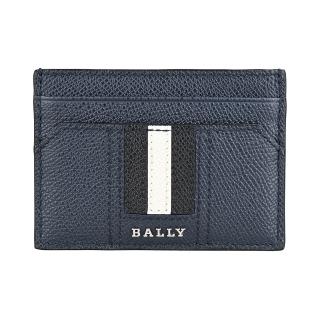 【BALLY】BALLY Thar經典LOGO設計粒紋牛皮搭黑白黑條紋4卡開放式卡夾(新藍)