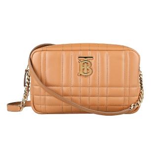 【BURBERRY 巴寶莉】BURBERRY Lola系列電鍍LOGO車縫小羊皮斜背/肩背/相機包(褐)