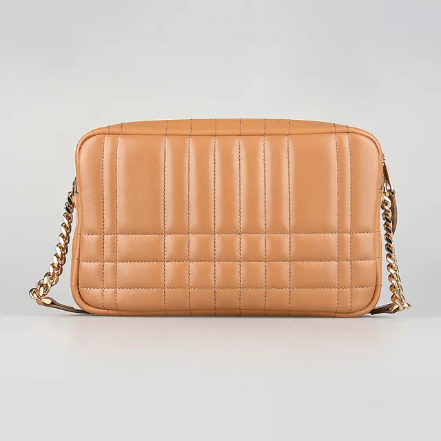 【BURBERRY 巴寶莉】BURBERRY Lola系列電鍍LOGO車縫小羊皮斜背/肩背/相機包(褐)