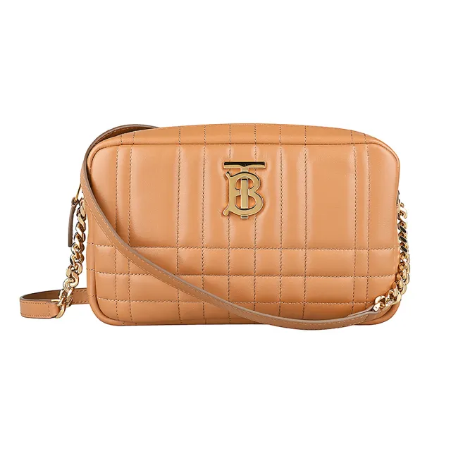 【BURBERRY 巴寶莉】BURBERRY Lola系列電鍍LOGO車縫小羊皮斜背/肩背/相機包(褐)