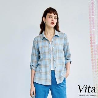 【MYSHEROS 蜜雪兒】VITA 純棉造型襯衫上衣 韓版翻領排釦 格紋褶皺袖口設計(淺藍)