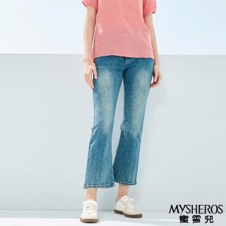 【MYSHEROS 蜜雪兒】造型牛仔喇叭褲 高含棉前釦拉鍊 復古刷白(藍)