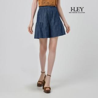 【ILEY 伊蕾】花朵壓紋縲縈牛仔短褲裙(深藍；M-XL；1252028087)