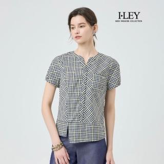 【ILEY 伊蕾】水鑽排釦萊賽爾細格紋上衣(深藍；M-XL；1252211314)