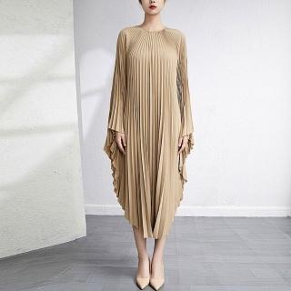 【米蘭精品】現貨+預購 三宅風皺褶衣服洋裝褶皺長裙連身裙高級摺衣彈力女裝顯瘦折衣大碼(蝙蝠袖6色t1li7)